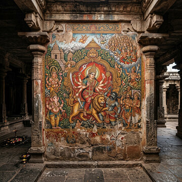 Intricate mural painting of Goddess Durga riding a lion in an ancient Indian stone temple