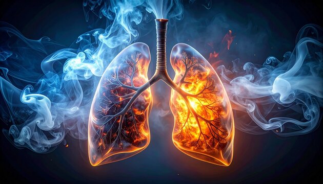 A medical symbolic digital illustration of human lungs with the trachea visible at the top. The lungs glow in fiery orange and yellow tones, suggesting heat or inflammation, while swirling blue and gr