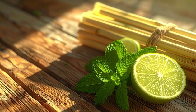 An environmental lifestyle digital illustration of a bundle of bamboo straws tied together with twine, placed on a wooden surface. In front of the straws rests a half-cut lime and a few fresh mint lea