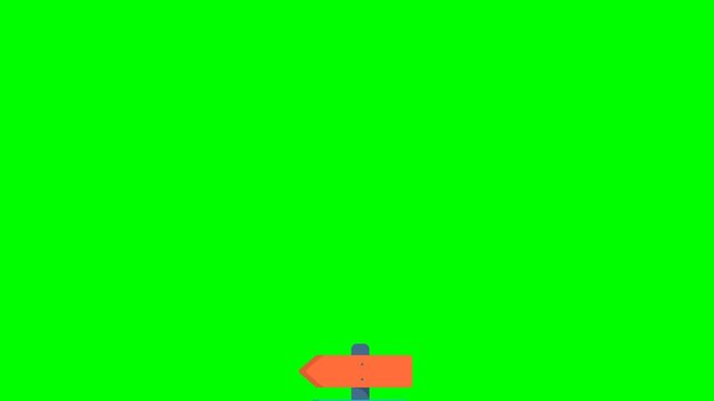 Direction indicator. Woman holds a direction indicator in hand. Wpman compares options, choosing between two things. Three colored arrows indicate direction. Arrows. 2D flat animation. Alpha channel