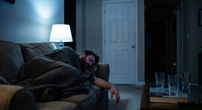 Man sleeping on couch after family conflict at home