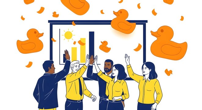 Diverse Professional Team Celebrating Strategic Alignment and Getting Ducks in a Row Project Success