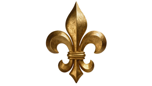 Antique ornate golden fleur-de-lis emblem with textured surface