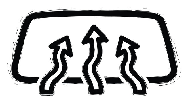 Sketchy black and white defroster symbol with wavy arrows rising inside a rectangular frame, representing windshield heating for clear visibility in automotive dashboards and user