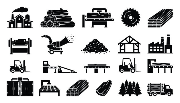 Timber processing industry glyph icons illustrating the entire lumber production process from forest to finished wood products for various business and educational applications.