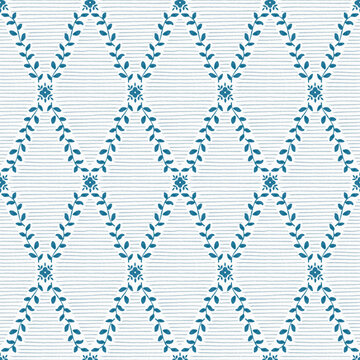 Blue vintage floral lattice seamless pattern, vector abstract geometric pattern with plant branches.