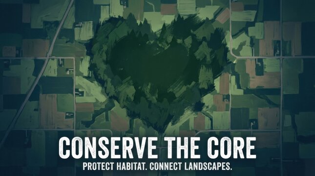 Abstract habitat connectivity raster art with a dark forest core set in patchwork land, communicating corridor planning, fragmentation awareness, ecological networks, and land protection strategy