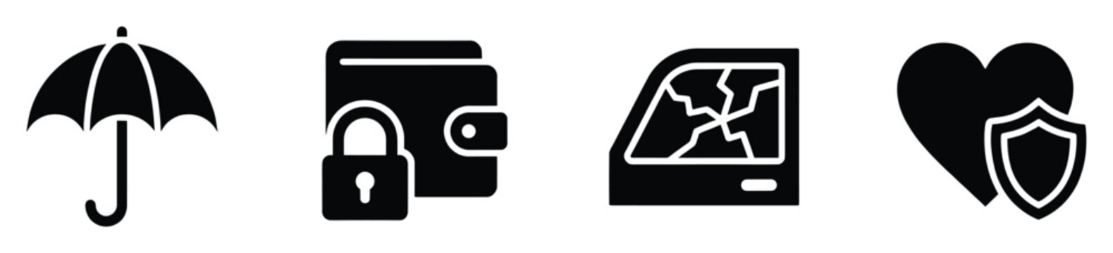 Essential insurance and security icons umbrella protection locked wallet financial safety cracked car auto coverage shielded heart health assurance ideal for digital platforms and print.