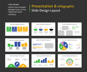 Professional presentation layouts with bar charts, pie charts, and data points for statistical analysis