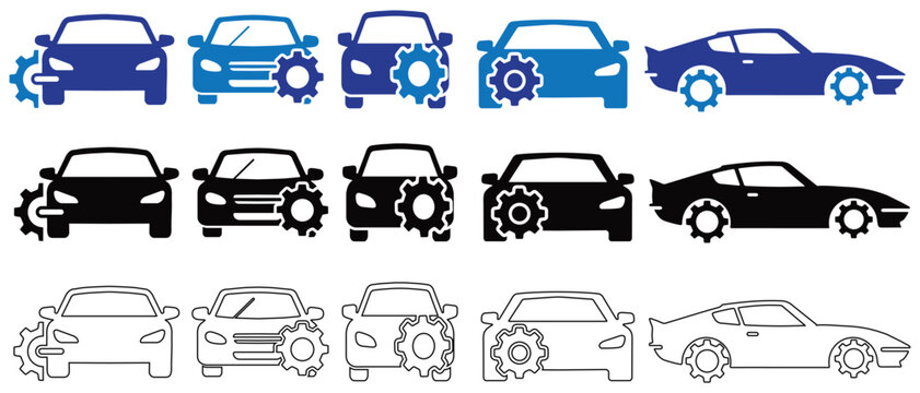 Car service and repair icons featuring gears with different car models vector illustration art.