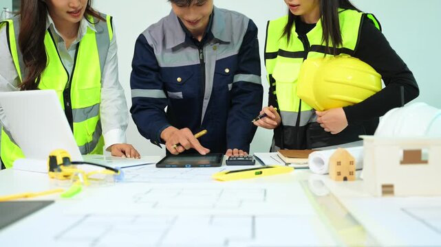 Three colleagues discussing data working and tablet, laptop with on on architectural project at construction site at desk