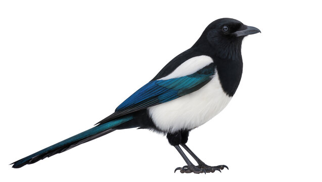 Black Eurasian Magpie Bird with White Wing Patches and Blue Feathers