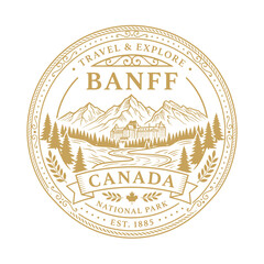 Obraz premium Vintage Banff National Park Canada travel emblem with mountain landscape vector illustration
