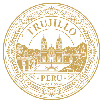 Trujillo Peru city emblem with cathedral and historic landmarks in gold line art vector