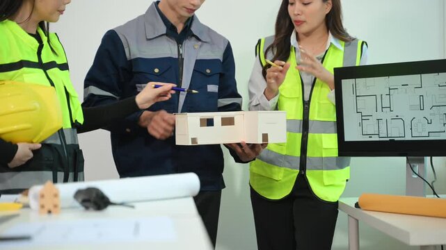 Three colleagues discussing data working and tablet, laptop with on on architectural project at construction site at desk
