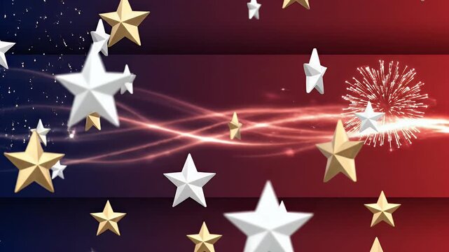Fourth of July Animated Banner Background with Deep Navy to Crimson Red Gradient, Floating Glossy 3D Stars, and Soft Glowing Firework Particles