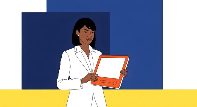 Confident Black Female Tech Executive Presenting Digital Transformation Strategy with Mockup Tablet