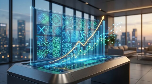 Futuristic holographic business dashboard projecting financial growth charts and abstract data patterns in modern office interior with city skyline view at sunset