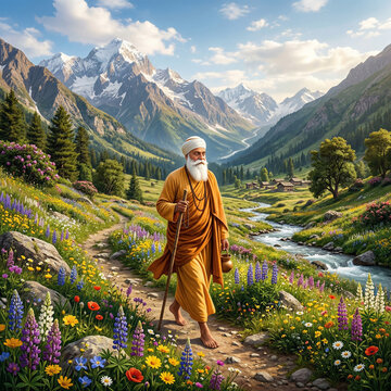 Guru Nanak Dev Ji Walking with a Staff in a Beautiful Himalayan Valley