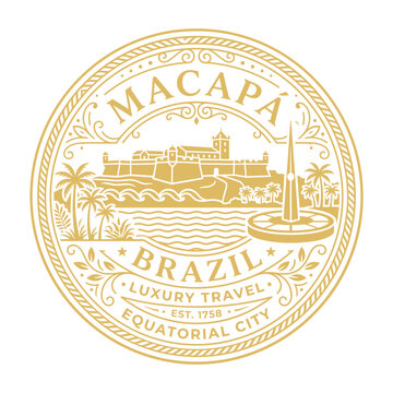 Macapa Brazil luxury travel emblem featuring historical fortress gold vector illustration