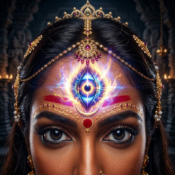 Close-up Portrait of an Indian Goddess with a Luminous Third Eye