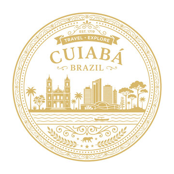 Ornate gold Cuiab&aacute; Brazil city emblem with skyline and landmarks vector illustration