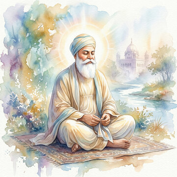 Soft Watercolor Painting of a Sikh Guru Meditating
