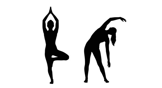 Two black silhouettes depict a woman in a tree pose and another performing a side bend showcasing yoga flexibility and balance silhouette high quality