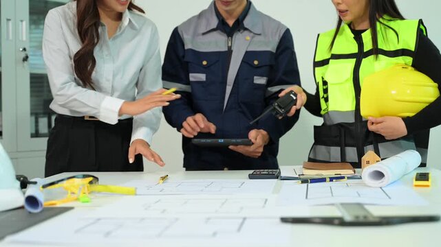 Three colleagues discussing data working and tablet, laptop with on on architectural project at construction site at desk