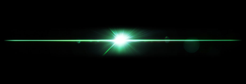 green glowing cinematic lens flare streak with intense light beam, abstract horizontal light leak overlay isolated on black background, high energy visual effect for design