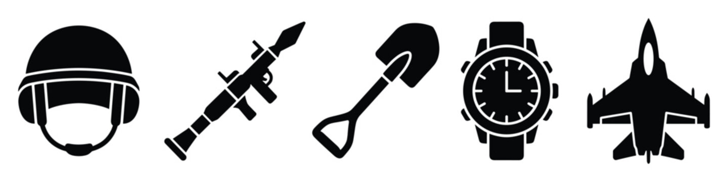 Collection of essential military and survival equipment icons featuring a protective helmet, powerful rocket launcher, versatile entrenching shovel, reliable wristwatch, and agile fighter