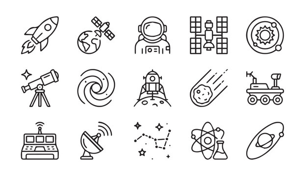 Space exploration and astronomy cosmic science line icons set with astronomy