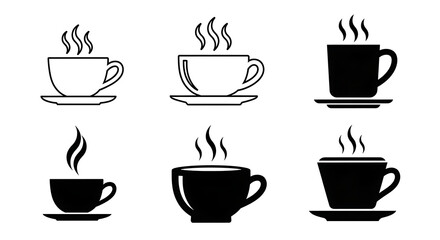 Fototapeta premium Set of six steaming coffee cups in minimalist black and white line art illustration