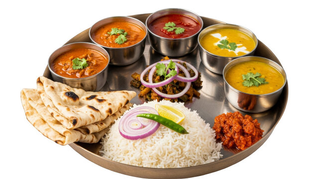 Indian thali meal with rice, naan bread and various curries, isolated on white background