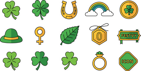 Obraz premium St Patricks Day Icons Vector Set Featuring Clover Rainbow Horseshoe Hat Gold Coin and Lucky Symbols