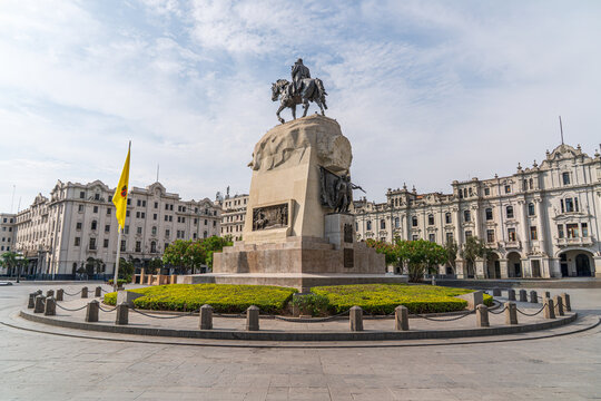 Perspective view of monument at Plaza San Martin in Lima, Peru