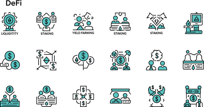 DeFi decentralized finance line icon set featuring liquidity staking yield farming crypto trading and blockchain investment