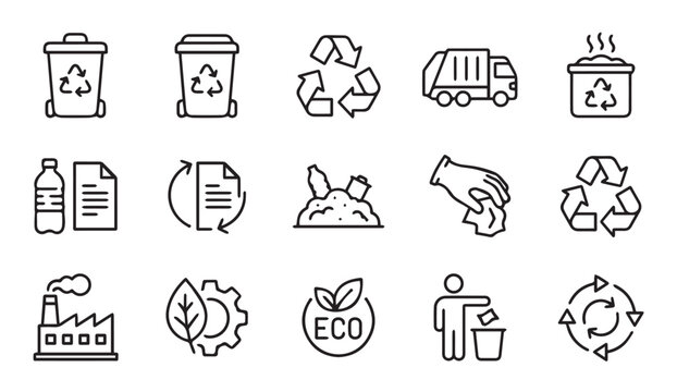 Recycling and waste management sustainability line icon set with environment