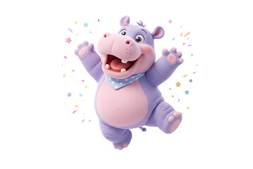 Naklejka premium Cute Purple Hippo Character Jumping with Confetti on Transparent Background
