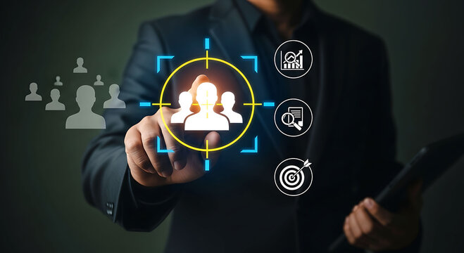 Businessman touching target audience icon for digital marketing and customer focus