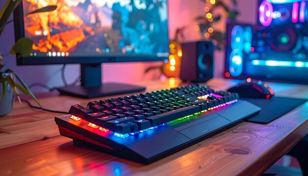 A close-up of a keyboard on a wooden desk with colorful lighting