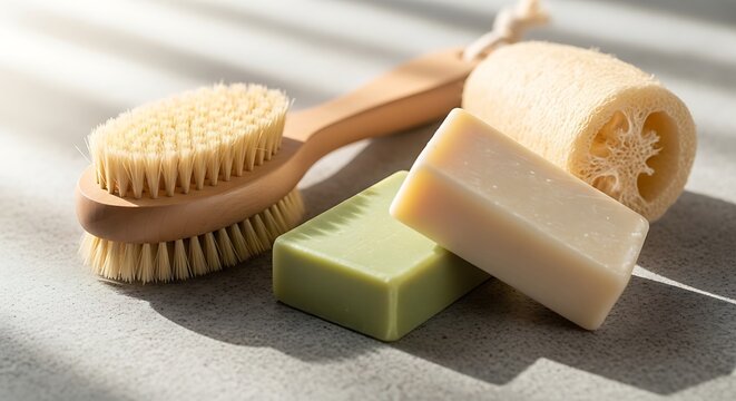Natural soap loofah sponge and brush for skincare routine.