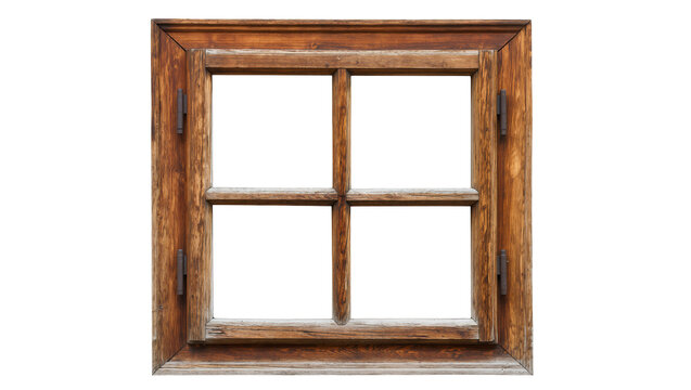 Rustic antique wooden window frame with four panes and hinges