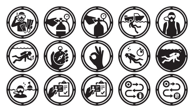Scuba diving safety procedures and underwater equipment instructional icons