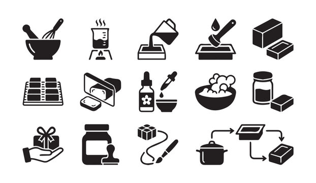 Handmade soap making process and natural cosmetic production icon set