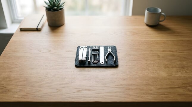 workbench with multi tool kit, notebook, plant, and mug, arranged neatly for a productive workspace with natural light.