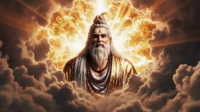 God in the clouds with bright light sky concept. Spiritual ancient sage with glowing aura surrounded by golden clouds and divine light rays