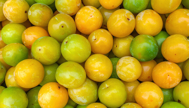 close up of fresh yellow and green greengage plums background