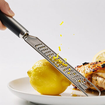 microplane zester zesting a fresh lemon over a perfectly grilled chicken breast, white background.close-up of a hand using a microplane zester to add fresh lemon zest to grilled chicken.pakistani food