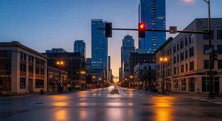 Fototapeta premium A city street at dusk with tall buildings and a traffic light in the foreground
